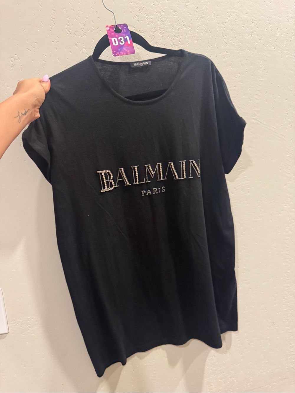Balmain Black Short Sleeve Logo Tee with Embellished Lettering